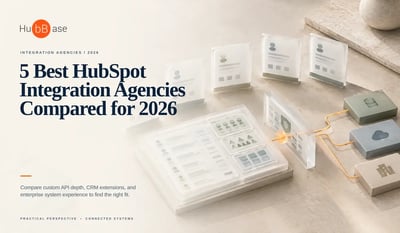 Editorial cover showing a HubSpot CRM evaluation plane connected through a verified API gateway to enterprise systems, representing integration-agency comparison.