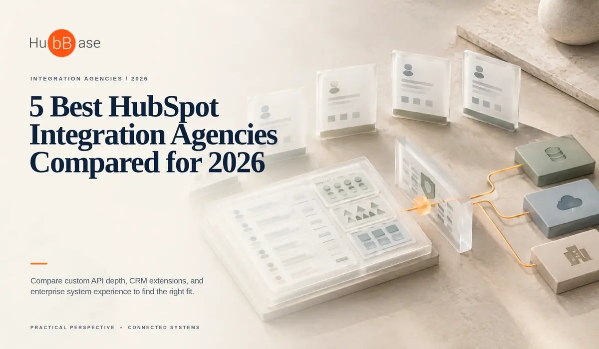 Editorial cover showing a HubSpot CRM evaluation plane connected through a verified API gateway to enterprise systems, representing integration-agency comparison.