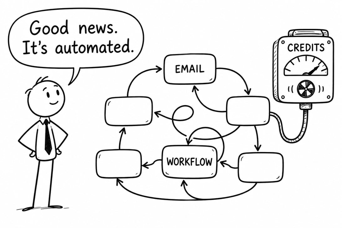 Editorial cartoon of a marketer saying Good news. It’s automated. beside a looping email workflow connected to a credits meter.