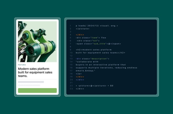 Modern sales platform interface with equipment sales features and HTML code editor for sales teams