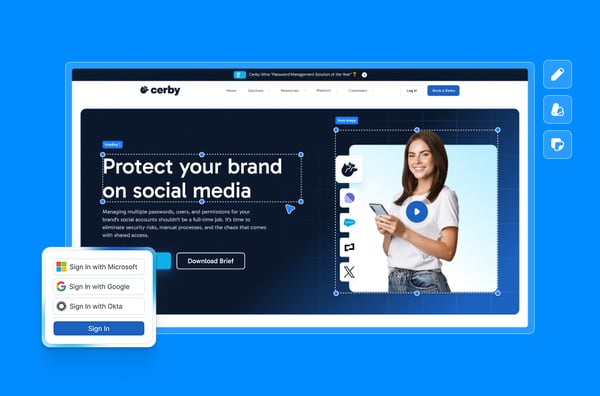 Cerby brand protection platform for social media security showing sign-in options and password management interface