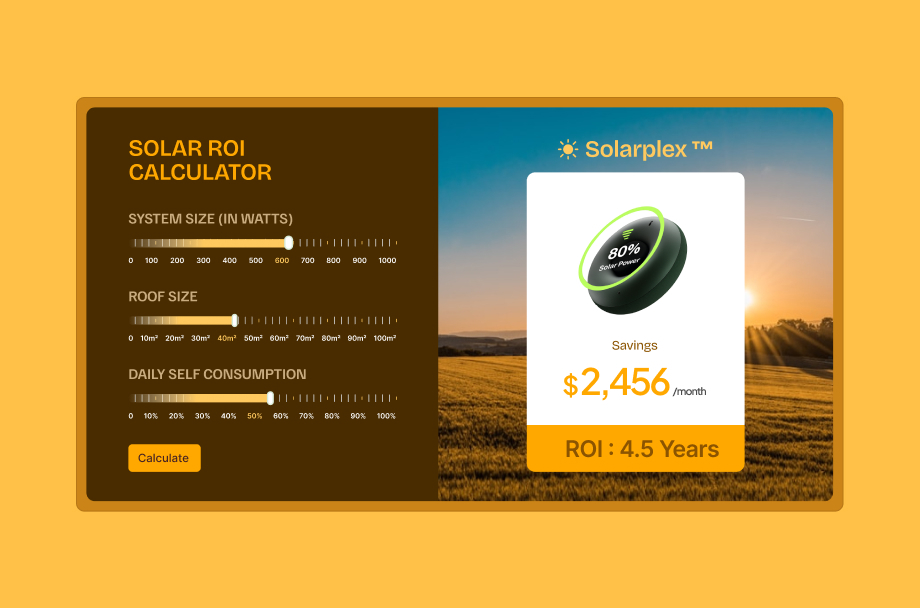 Solarplex solar ROI calculator showing system size, roof size, daily consumption, and monthly savings calculation
