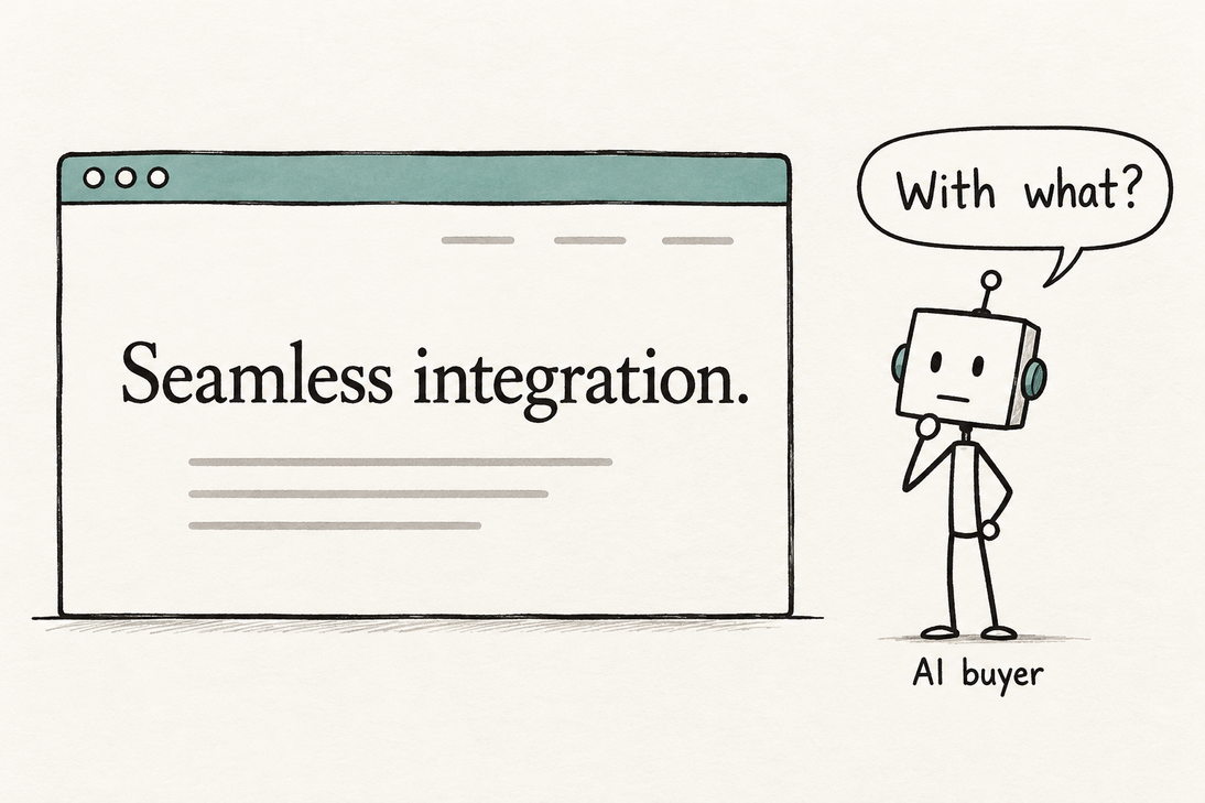Hand-drawn robot labeled “AI buyer” asks “With what” beside a website promising “Seamless integration.”