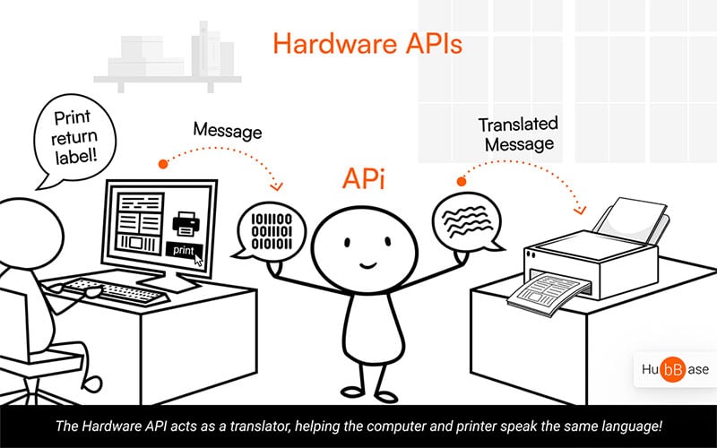 Stick Figures with Computers and Printer Demonstrating How Hardware APIs Work