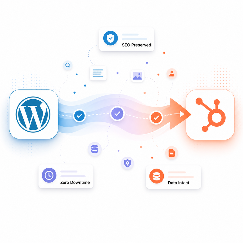 WordPress to HubSpot migration flow diagram showing SEO preservation, zero downtime, and data integrity