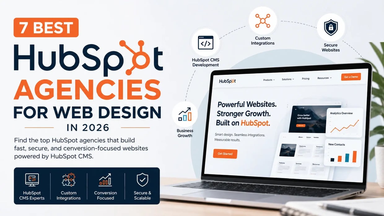 Illustration of the best HubSpot web design agencies in 2026, highlighting HubSpot website development, custom integrations, and business growth.
