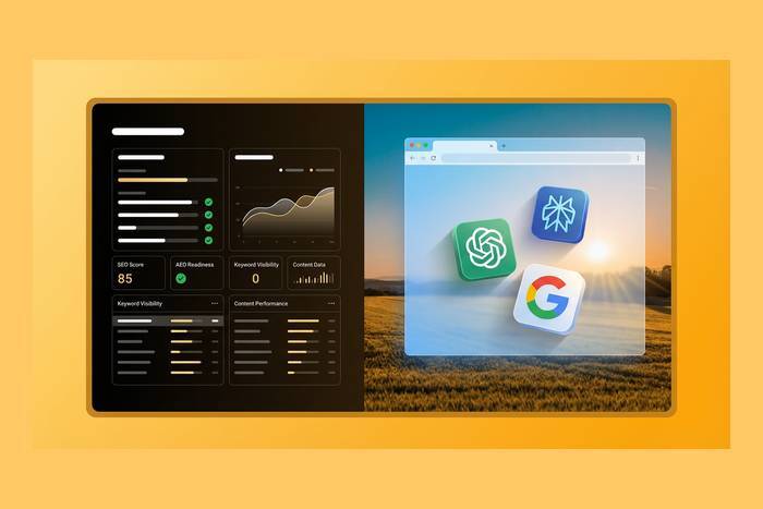 SEO and AEO optimization analytics dashboard with AI tools including ChatGPT, Google Search, and keyword visibility metrics