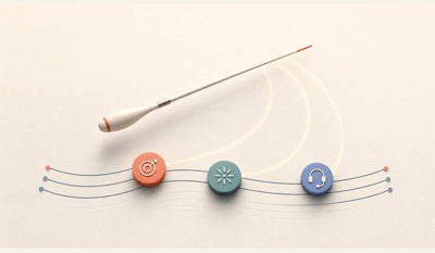 A conductor’s baton guides three specialized AI agent tokens into orderly, synchronized workflows.