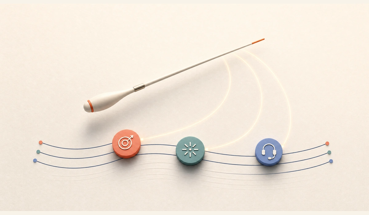 A conductor’s baton guides three specialized AI agent tokens into orderly, synchronized workflows.