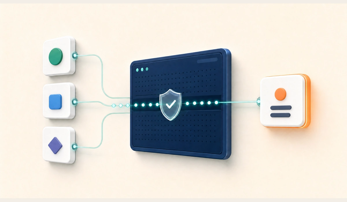 External application connections pass through a secure API validation gateway toward a CRM contact record.