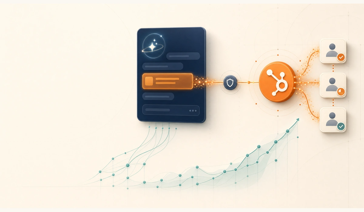 HubSpot ChatGPT Ads integration flow: AI search panel with sponsored result, security bridge, CRM hub routing to leads, with organic AEO growth curve below.