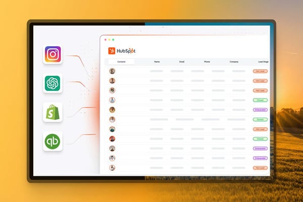HubSpot CRM integrations dashboard showing connections with Instagram, ChatGPT, Shopify, and QuickBooks platforms