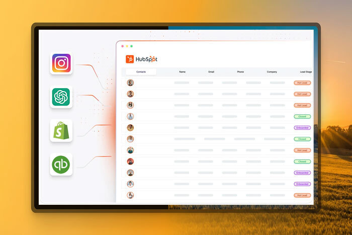 HubSpot CRM integrations dashboard showing connections with Instagram, ChatGPT, Shopify, and QuickBooks platforms