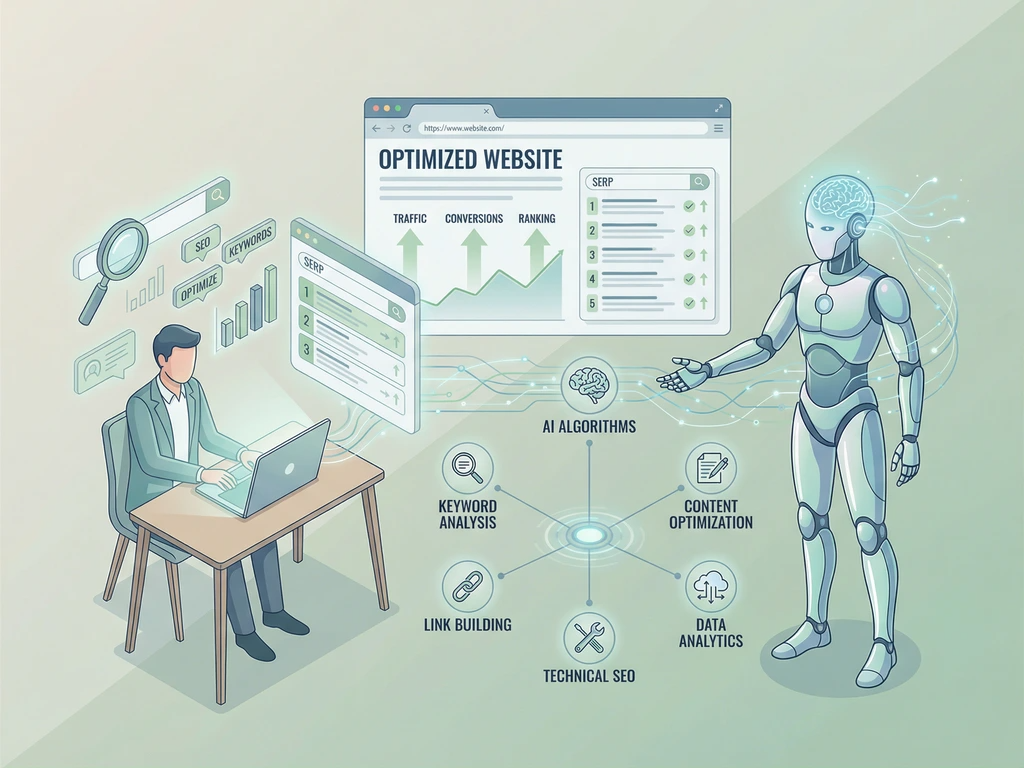 Human and AI collaborating to search optimize a website with SEO tools, keyword analysis, and ranking metrics.