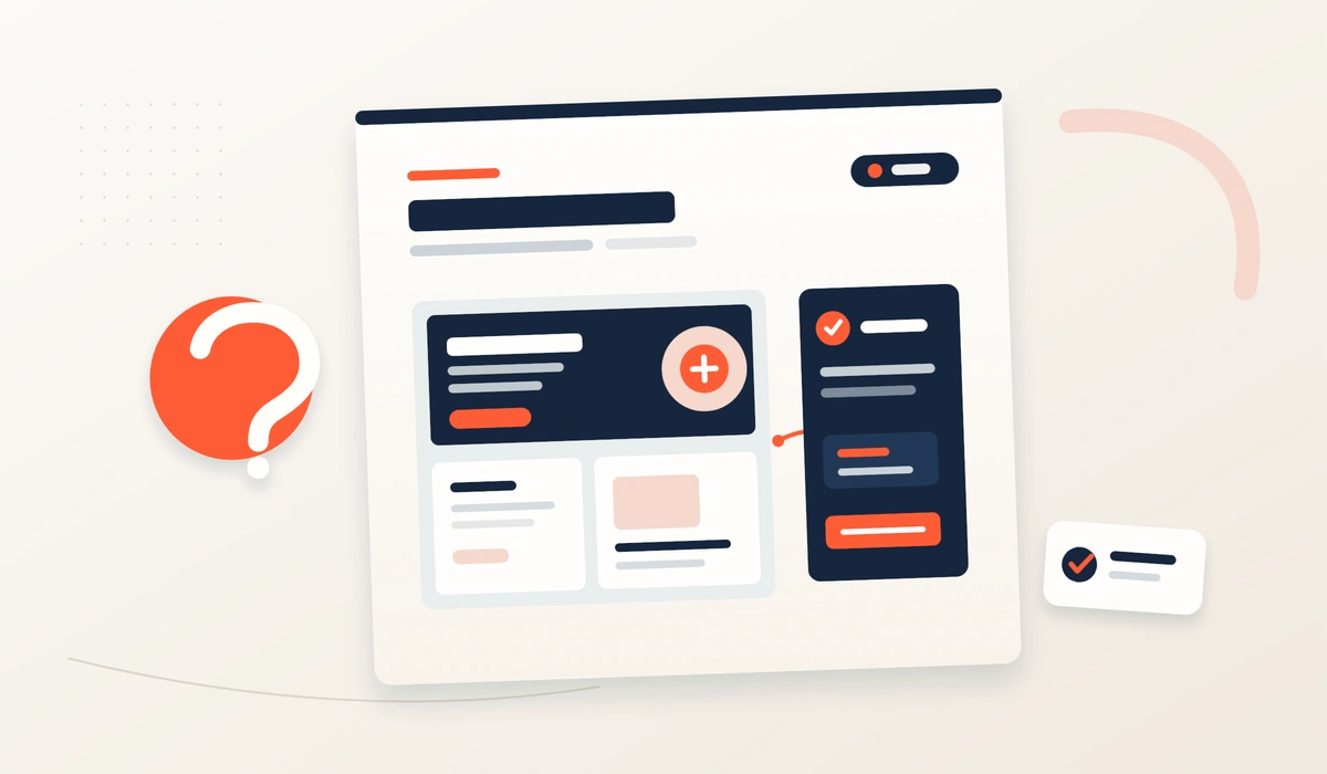 An orange question-mark icon beside a modular website capability canvas and a compact agency approval marker.