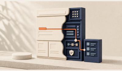 A layered website and CMS facade reveals a navy CRM data structure, with an orange API route carrying a form event into a secured custom-object module.