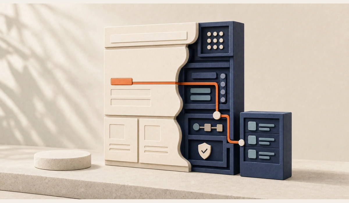 A layered website and CMS facade reveals a navy CRM data structure, with an orange API route carrying a form event into a secured custom-object module.