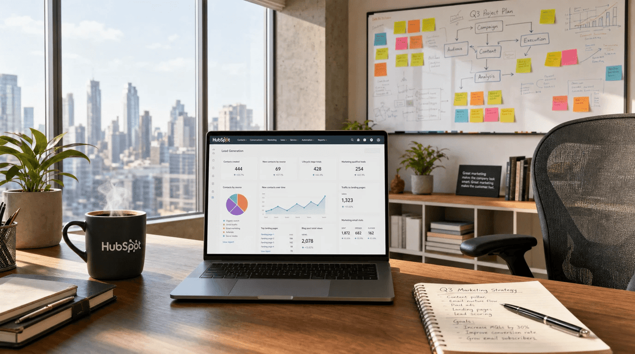 A modern workspace with a laptop showing a HubSpot dashboard, coffee, notepad, plants, and a city skyline view.