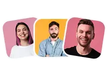 Three people smiling against colorful backgrounds.